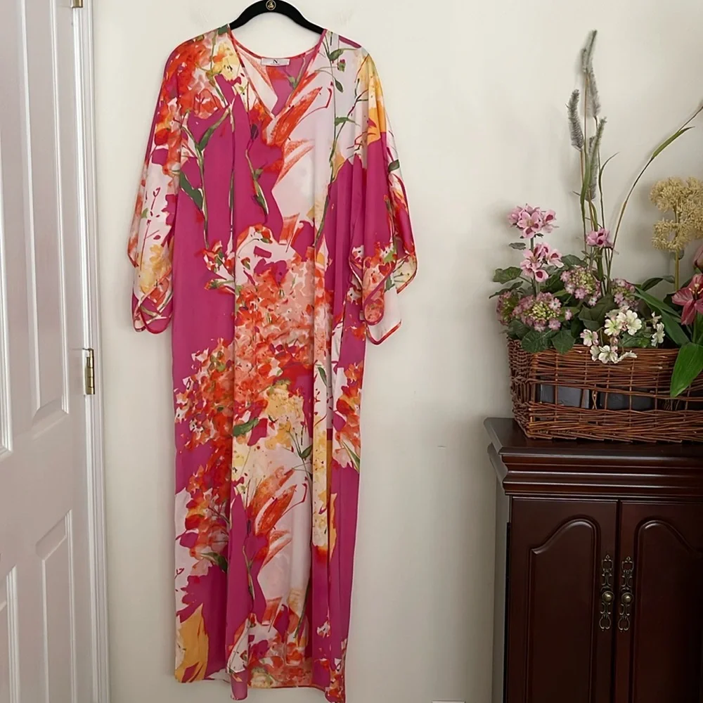 Natori Floral Caftan Nightgown Cover-Up Pink Orange V-Neck XS